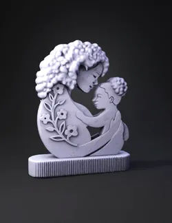 mother and child sculpture with floral motif in brown and cream layer