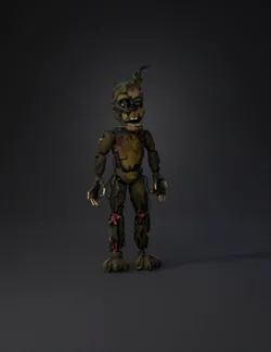 withered animatronic with torn exterior exposed wires olive green bo