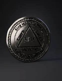 metal coin with circular border and inner triangular emblem featuring
