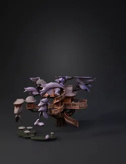 treehouse built within a blooming cherry blossom tree with multiple wo