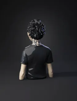 back view tattooed person with neck tattoos black hair and black shir