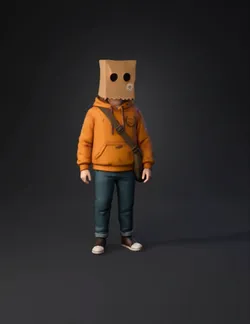 baghead character wearing orange hoodie and blue jeans with a brown sa