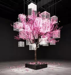 Floating Glass Cube Sakura Installation 3D model