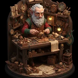 Modelo 3D de Gnomo Inventor Artesão em Oficina Steampunk – Estátua Fantasia Detalhada, Personagem Criador, Diorama