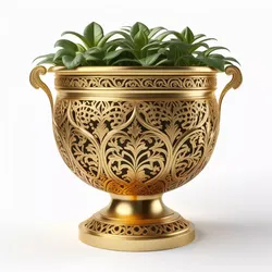 Ornate Golden Planter with Green Plant 3D model