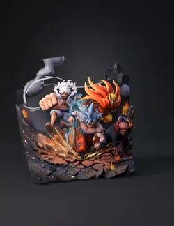 four anime fighters power up and punch through rocky ground with glowi