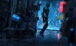 Jetboy man in rainy city 3D print model