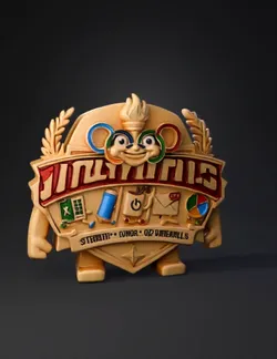 Joelympics trophy crest with laurel and mascot on gold shield
