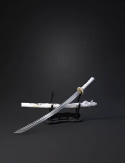 katana sword with white sheath on display stand metallic blade and bl