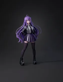 purple haired anime girl wearing school uniform with plaid skirt leat