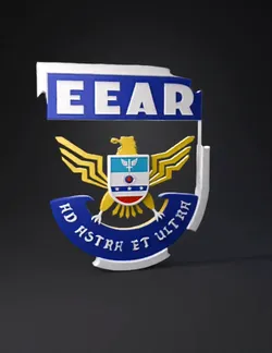 shield emblem with eagle wings blue field and yellow accents featuri