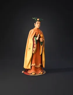 statue of chinese deity in ornate ceremonial robes with headdress gol
