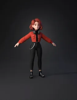 stylized female character with red jacket black pants ankle boots a