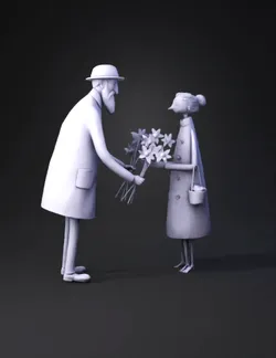 elderly man and woman exchanging flowers in a stylized scene