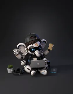 multiarmed droid with laptop headphones and gadget accessories white