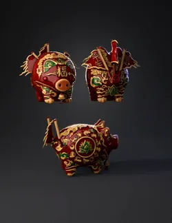 ornate red and gold pig statue with green accents decorative Chinese