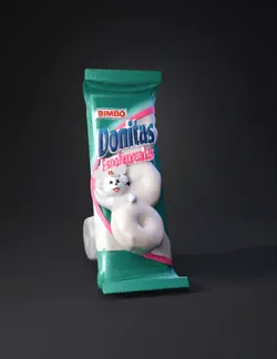 donut snack package with teal bag white powdered donuts pink brandin
