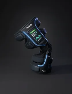 neon blue lit headset with display panel and adjustable straps