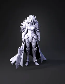 armored female fantasy warrior with dark etched armor and glowing blu