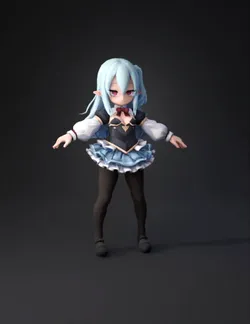 blue haired chibi elf girl wearing a maid outfit with black corset li