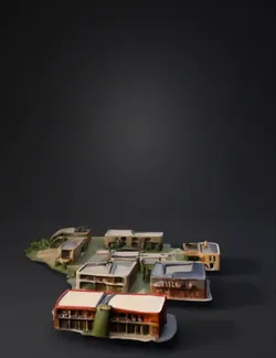 mountain village with grouped buildings road network central plaza