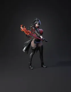 female warrior holding a flaming sword with black and red outfit thig