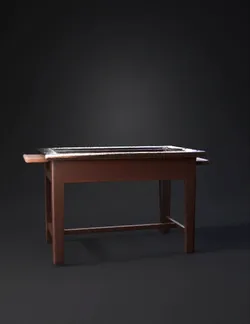 A stylized 3D charcoal barbecue grill designed for cooking kebabs tra