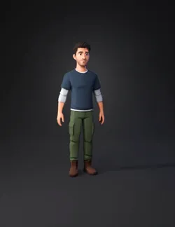 human character wearing navy t shirt with gray sleeves green cargo pa