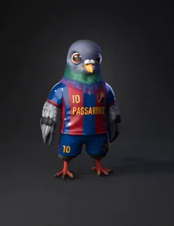 pigeon mascot wearing a blue and red soccer jersey with iridescent nec