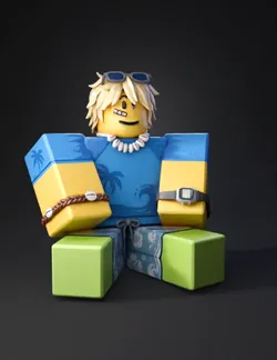 blocky humanoid figure with blue shirt yellow arms green legs tropi