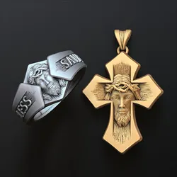 Jesus Head Cross Ring Pendant Set 3D print model 3D Print Model in Pendants 546139