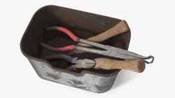 Old Hand Tool Set in Rusty Metal Tray 3D model