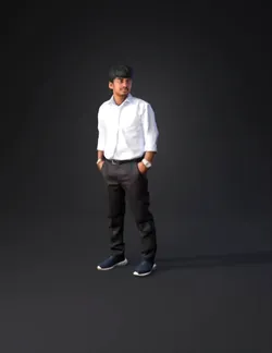 adult male figure wearing white shirt and dark trousers with blue snea
