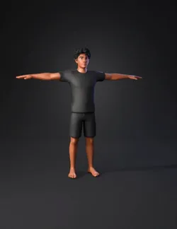 Create a model of a dark haired male with short curly black hair wea