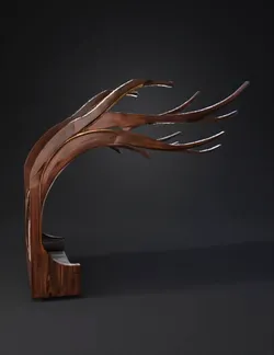 curved wooden bench with flowing organic arms dark brown wood and gre