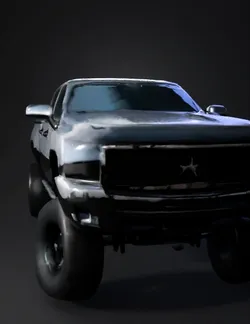 lifted black pickup truck with large off road tires and star grille