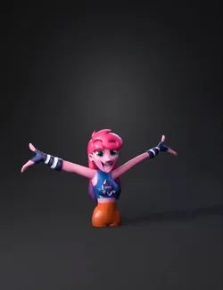 pink haired character wearing blue crop top and orange shorts