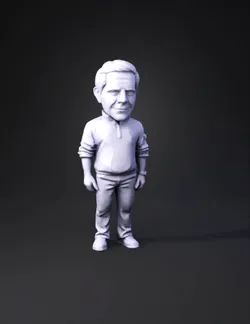 stylized humanoid statue like figure with black shirt and blue pants o