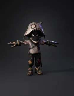 hooded stitched character with large toothy hood patchwork clothing