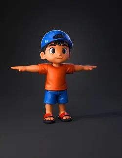 child character figure with orange shirt blue shorts blue cap and r