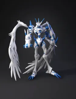 winged battle mech with white armor and blue accents large feathered