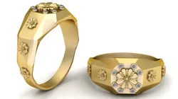 Gold Daisy Floral Geometric Signet Ring with Diamonds 3D Print Model in Pendants 636901