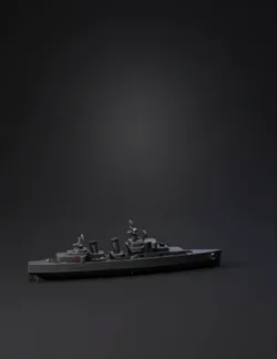 battleship model with gray hull gun turrets stacks radar and lifebu