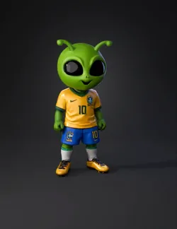 alien mascot wearing a Brazil soccer jersey with yellow shirt and blue