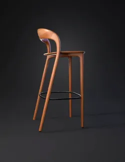 wooden bar stool with rounded backrest four legs and circular metal
