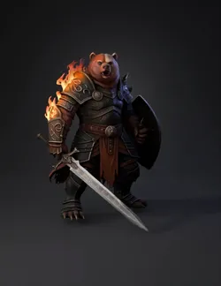 bear warrior in ornate armor wielding glowing rune sword and shield