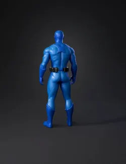 armored action figure in snow with blue accents and white snow backdro