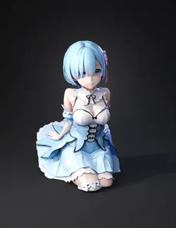 blue haired anime girl wearing a frilly blue and white maid dress with