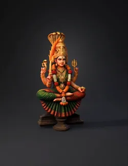 Gold ornate hindu deity statue with multiple arms and fiery headdress