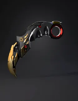 karambit knife with ring handle metallic blade with gold accents